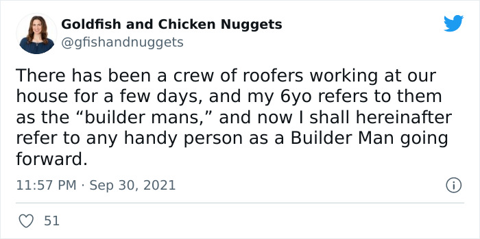 Tweet about a 6-year-old humorously calling roofers builder mans, showcasing kids' alternative names for everyday things.