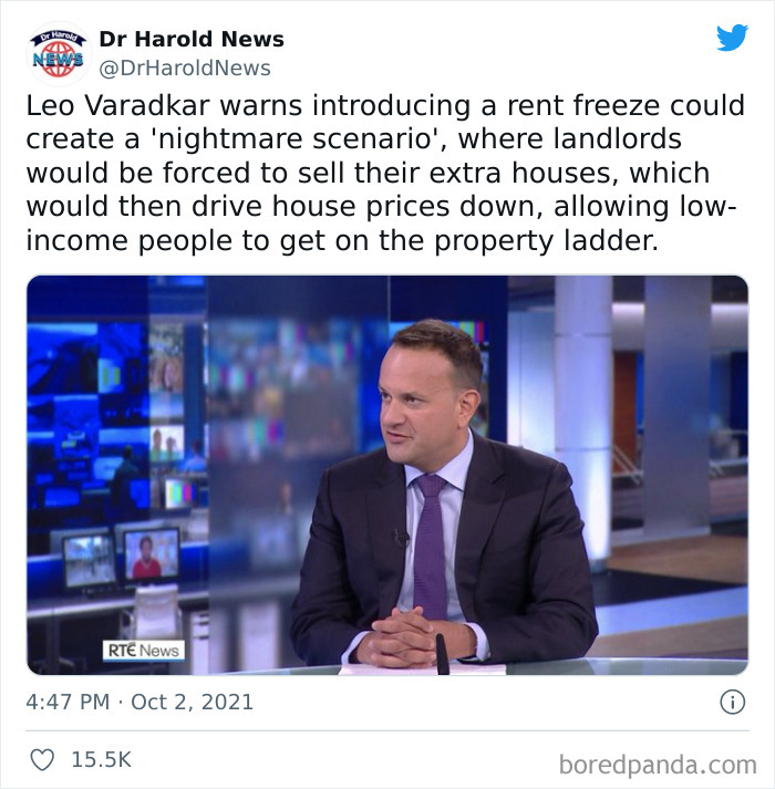 Man in suit discussing landlords and rent freeze on a news show, highlighting issues with greedy and delusional landlords.