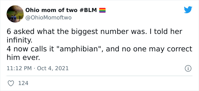 Tweet from an Ohio mom sharing a kid’s alternative name for the biggest number as amphibian, highlighting accidental hilarity.