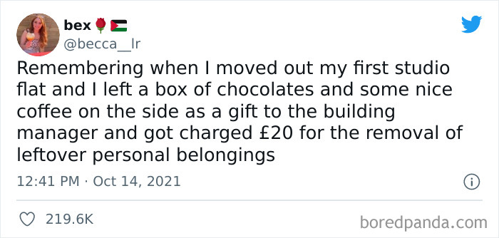Tweet about greedy landlords charging fees for removal of leftover personal belongings after a tenant moves out.