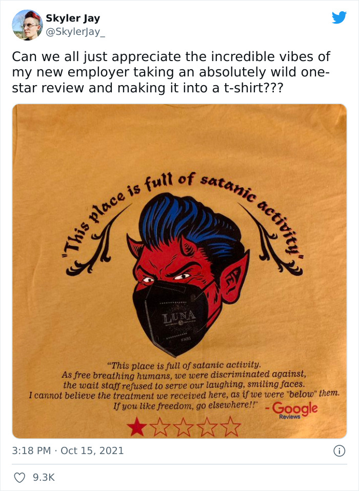 Restaurant Finds This Anti-Masker's 1-Star Review So Ridiculous That They Put It On A T-Shirt And People Are Loving It