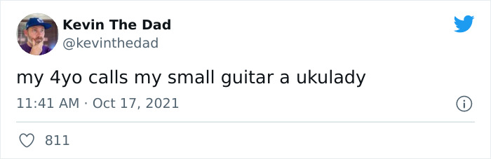 Tweet by Kevin The Dad sharing his 4-year-old’s hilarious alternative name ukulady for a small guitar.