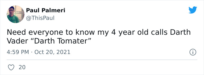 Tweet showing a parent's humorous story of their 4-year-old giving an alternative name to Darth Vader as Darth Tomater.