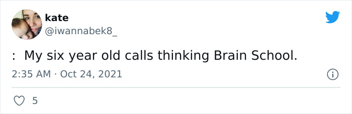 Twitter post showing a parent sharing a kid's hilarious alternative name for thinking called Brain School.