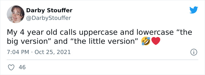 Tweet showing a child’s alternative names for uppercase and lowercase letters, highlighting hilarious kids’ interpretations.