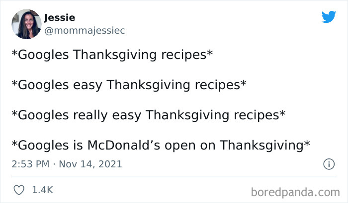 Funny meme about Googling Thanksgiving recipes and McDonald's holiday hours.