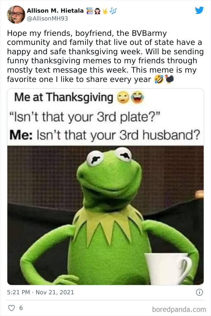 Kermit the Frog looking smug in a Thanksgiving meme about having third servings and relationships.