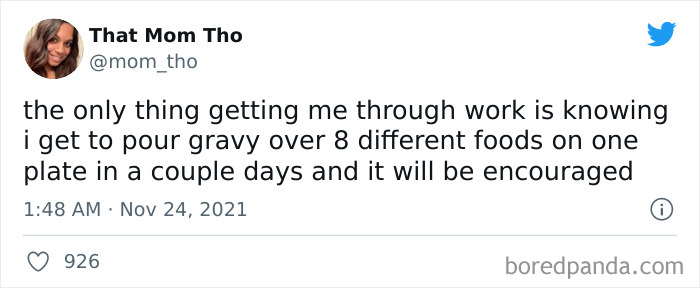 Tweet about Thanksgiving anticipation, humorously highlighting the joy of putting gravy on multiple foods.