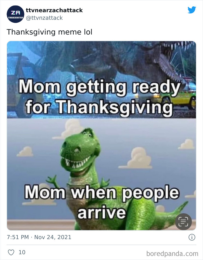 Thanksgiving meme showing a dinosaur before and after guests arrive, humorously depicting a mom's transformation.