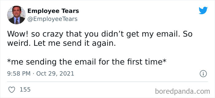 Tweet from Employee Tears humorously depicting work-related email frustration to make you laugh with relatable work memes.