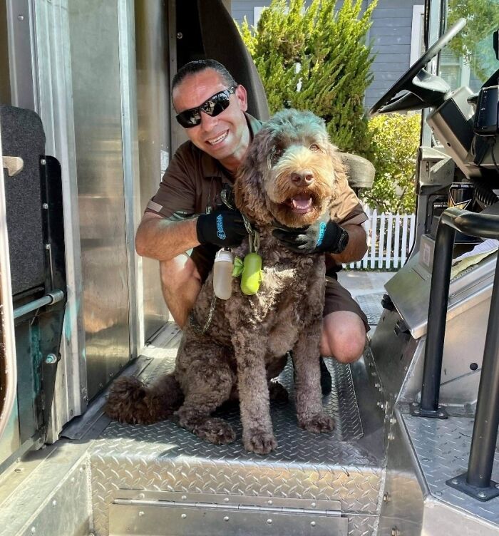UPS driver wearing sunglasses smiling and hugging a brown dog inside a delivery truck on a sunny day.