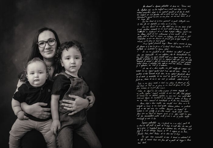 Black and white photo of a mother with two young children exploring the dark side of postpartum in a photography project.