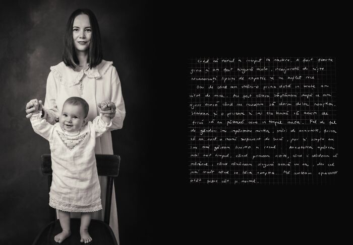 Black and white portrait of a mother and baby illustrating the dark side of postpartum in a photography project.