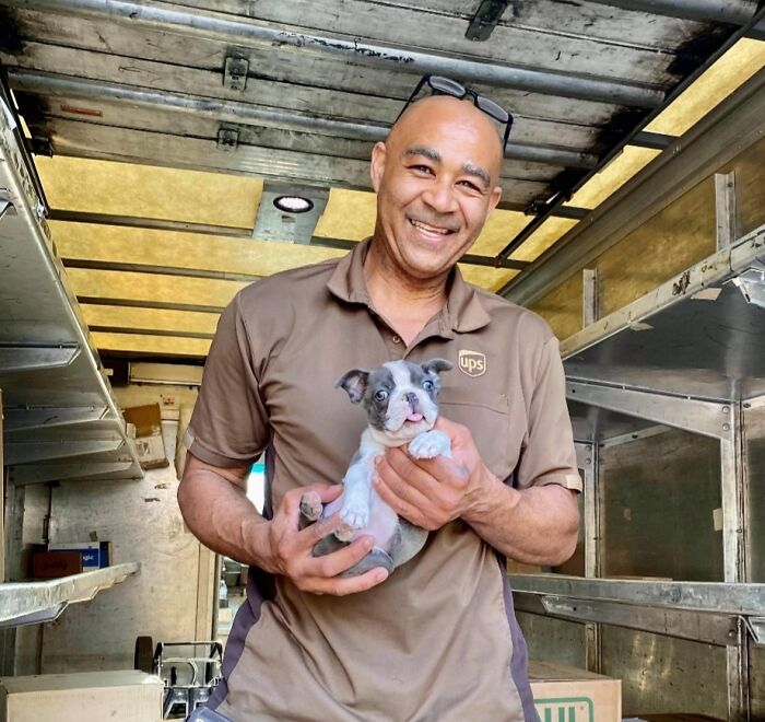UPS driver smiling inside a truck holding a small dog, showcasing the bond between UPS drivers and dogs on routes.