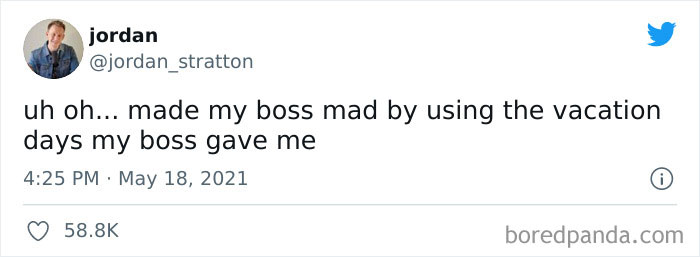 Tweet showing a humorous work-related meme about making a boss mad by using vacation days, from a popular Insta account.