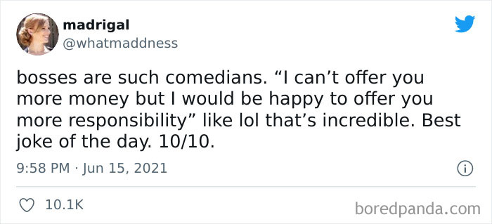 Tweet about bosses joking by offering more responsibility instead of money, highlighting relatable work-related memes humor.