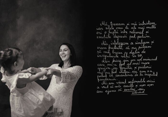 Mother smiling and holding hands with her child, depicting the realities of postpartum in a black and white photography project.