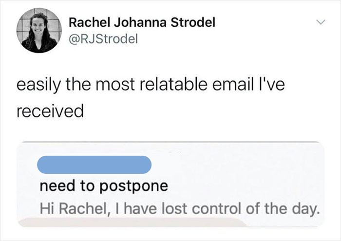 Work-related meme showing a relatable email about losing control of the day, shared on an Instagram account.