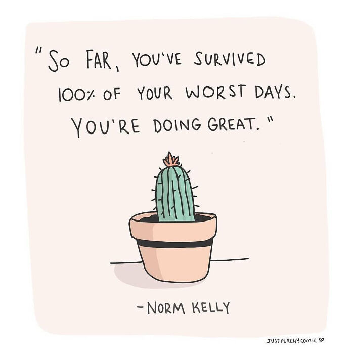 Encouraging comic about mental health featuring a cactus and the message about surviving worst days and doing great.