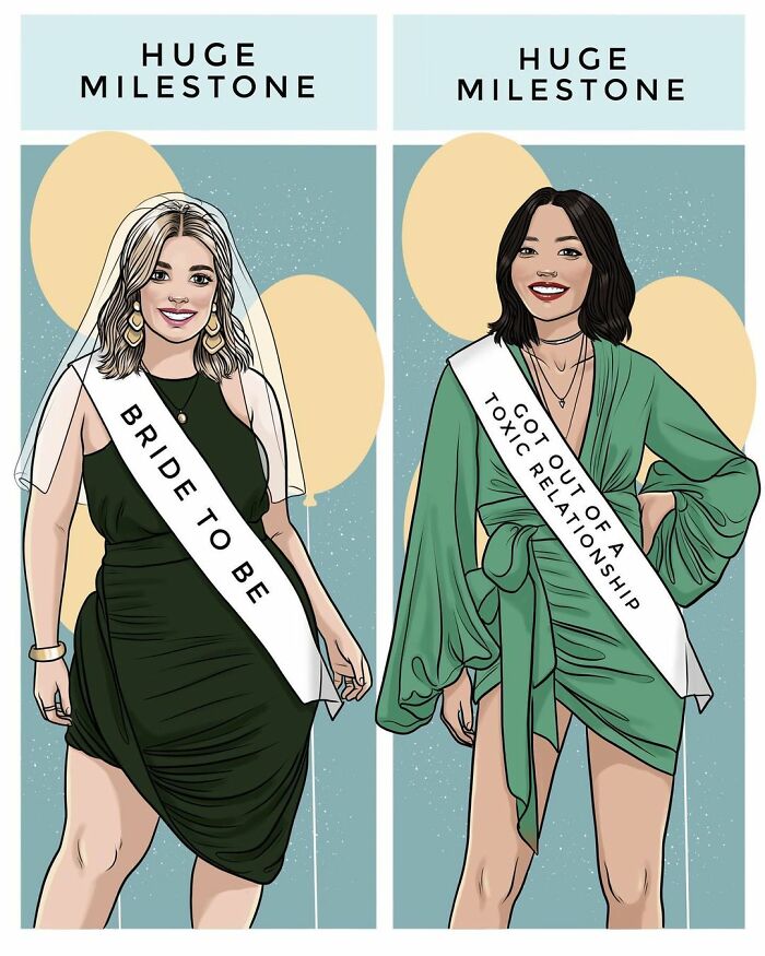 Two modern women wearing sashes celebrating milestones, illustrated in Lainey Molnar societal comics style about modern woman life.