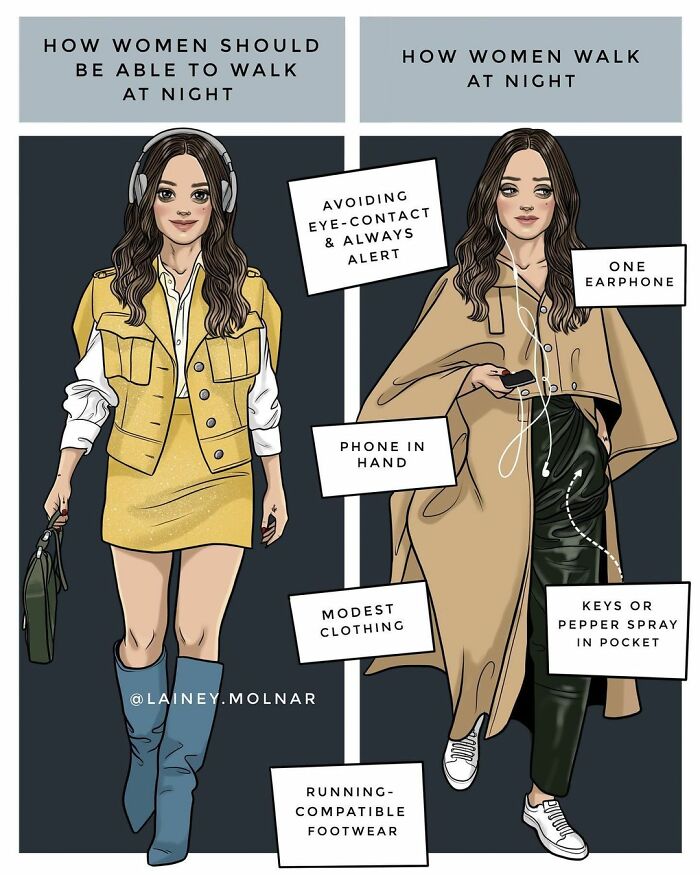 Illustration by Lainey Molnar showing societal comics about modern woman life and nighttime walking safety tips.