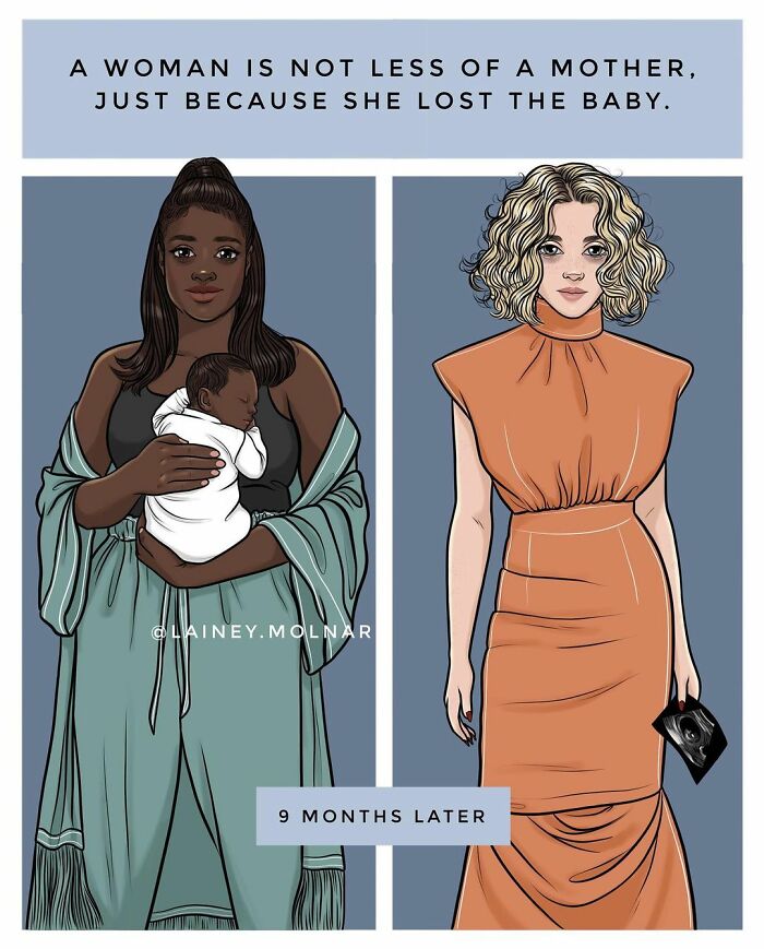 Illustration by Lainey Molnar showing two women, one holding a baby and another holding an ultrasound, addressing modern woman life.