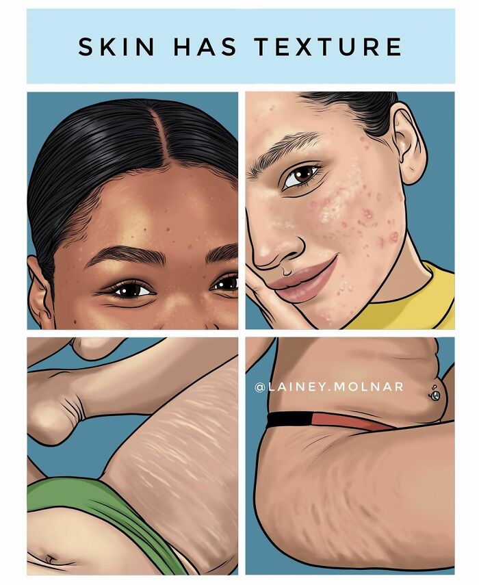 Illustration by Lainey Molnar showing skin texture and stretch marks celebrating natural modern woman life.