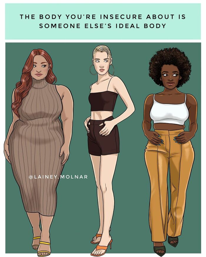 Illustration by Lainey Molnar showing diverse women in modern styles promoting body positivity and self-acceptance.