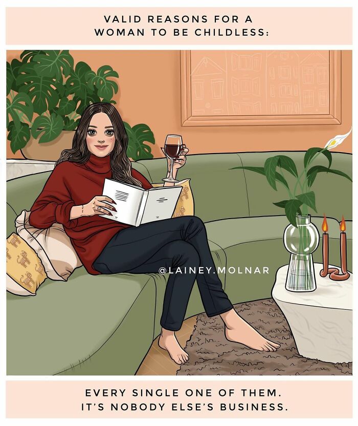 Woman relaxing on a sofa with wine and book in a comic style illustrating modern woman life by societal comics artist.