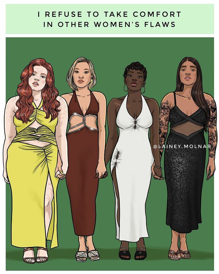 Illustration by Lainey Molnar showing four diverse women holding hands, depicting modern woman life in stylish dresses.