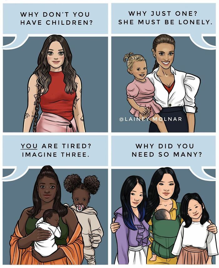 Comic by artist Lainey Molnar showing diverse women and children addressing societal questions about motherhood and modern woman life.