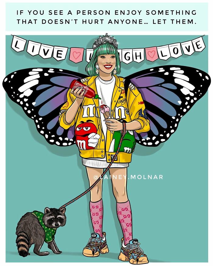 Illustration by Lainey Molnar of a modern woman with butterfly wings, holding ice cream and walking a raccoon.