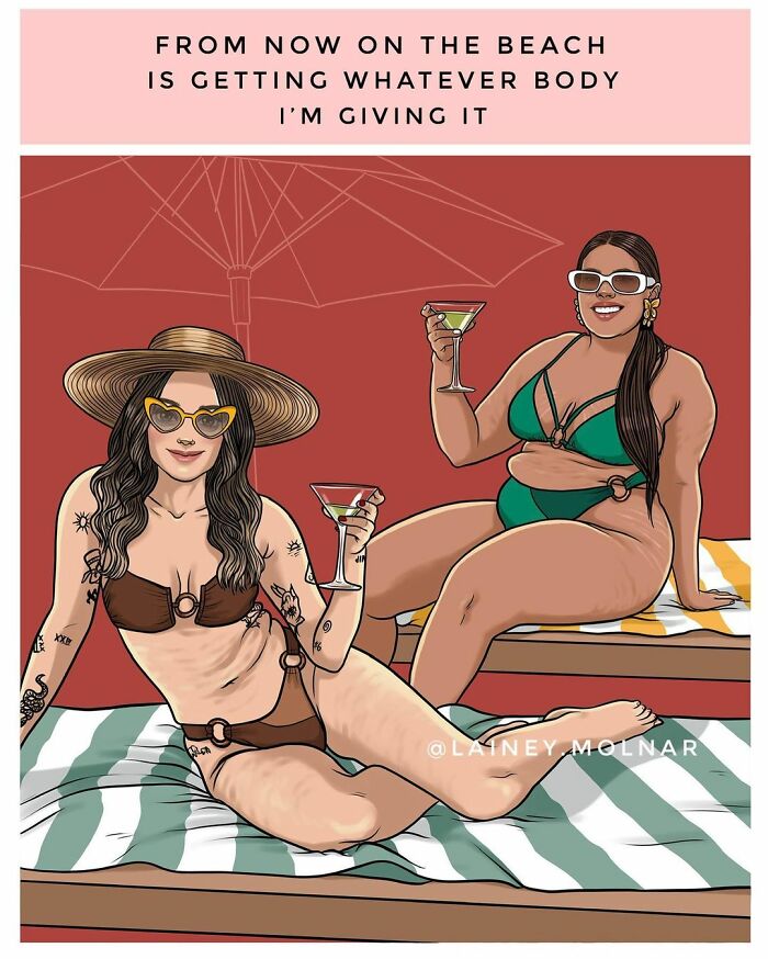 Two women in bikinis relaxing with drinks on beach chairs, societal comics about modern woman life by Lainey Molnar.