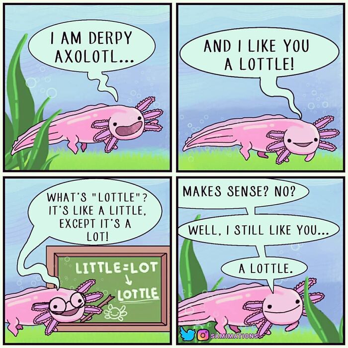 Cute illustrated axolotl explaining the word lottle with fun, random thoughts to cheer you up and bring a smile.