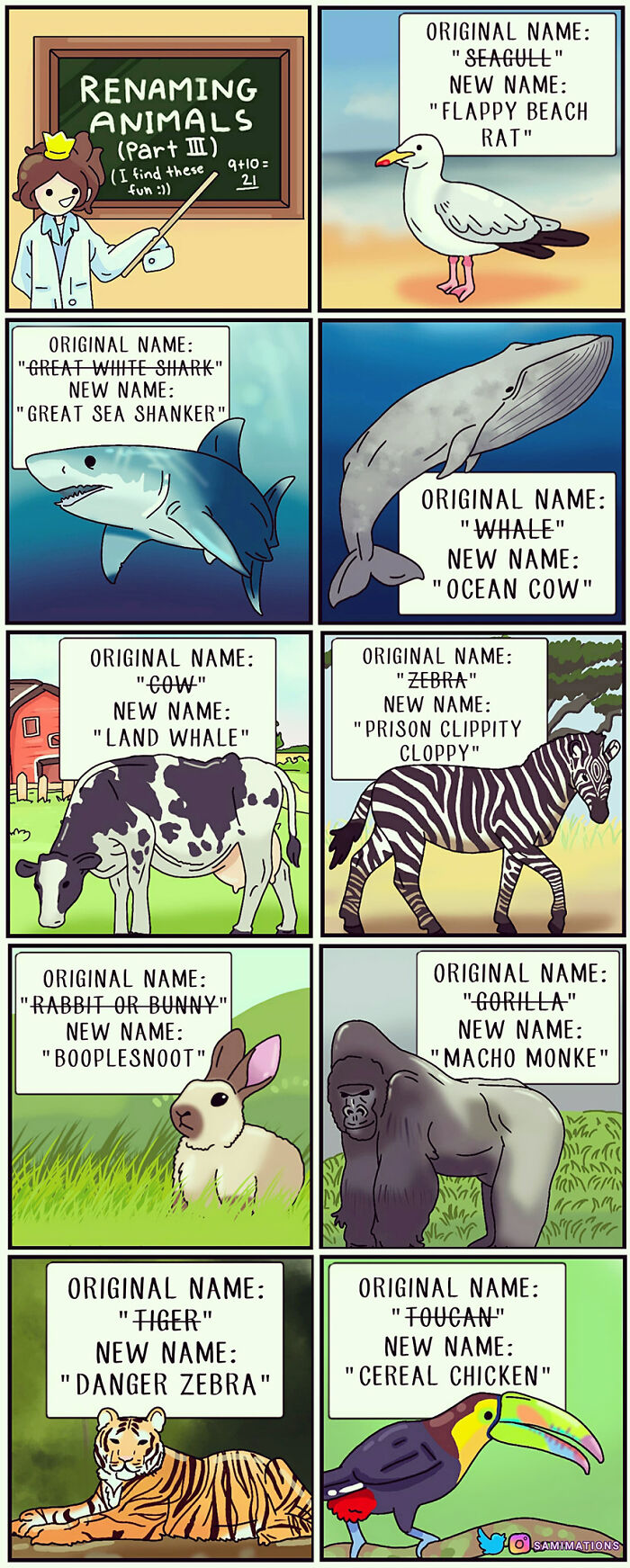 Comic strip illustrating humorous animal renaming with whimsical new names to cheer you up and share random thoughts.