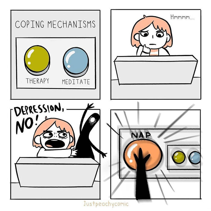 Comic strip showing coping mechanisms for mental health like therapy and meditation, but choosing to nap instead as relief.