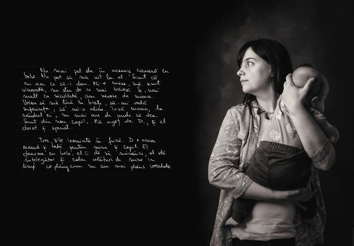 Mother holding baby with a somber expression, illustrating the dark side of postpartum in a powerful photography project.