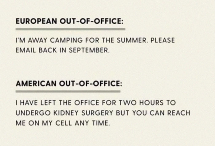 Out-of-office messages comparing European and American styles in a work-related meme highlighting office culture differences.