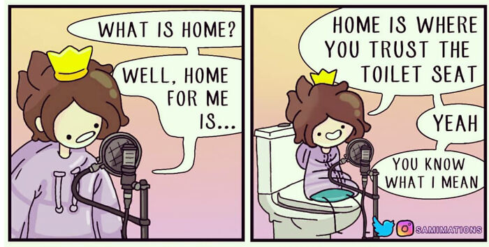 Illustration of a character sharing a funny random thought about trusting the toilet seat at home, cheerful comic art.