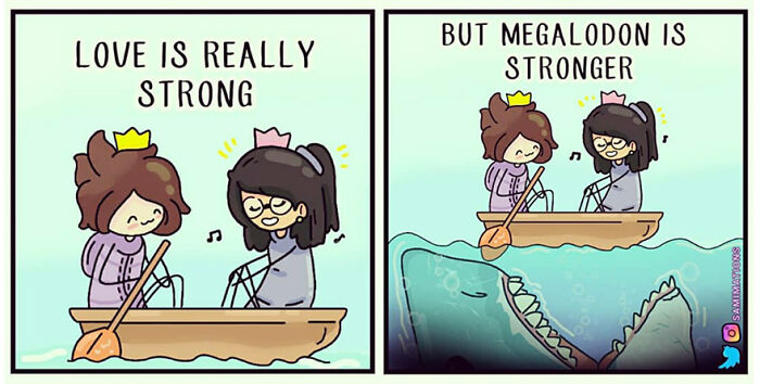 Two cartoon girls in a boat illustrating random thoughts with a playful Megalodon theme to cheer you up.