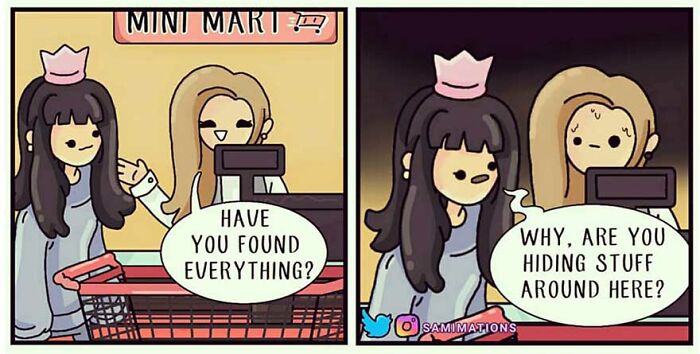 Illustration of random thoughts showing a mini mart scene with playful dialogue intended to cheer you up.