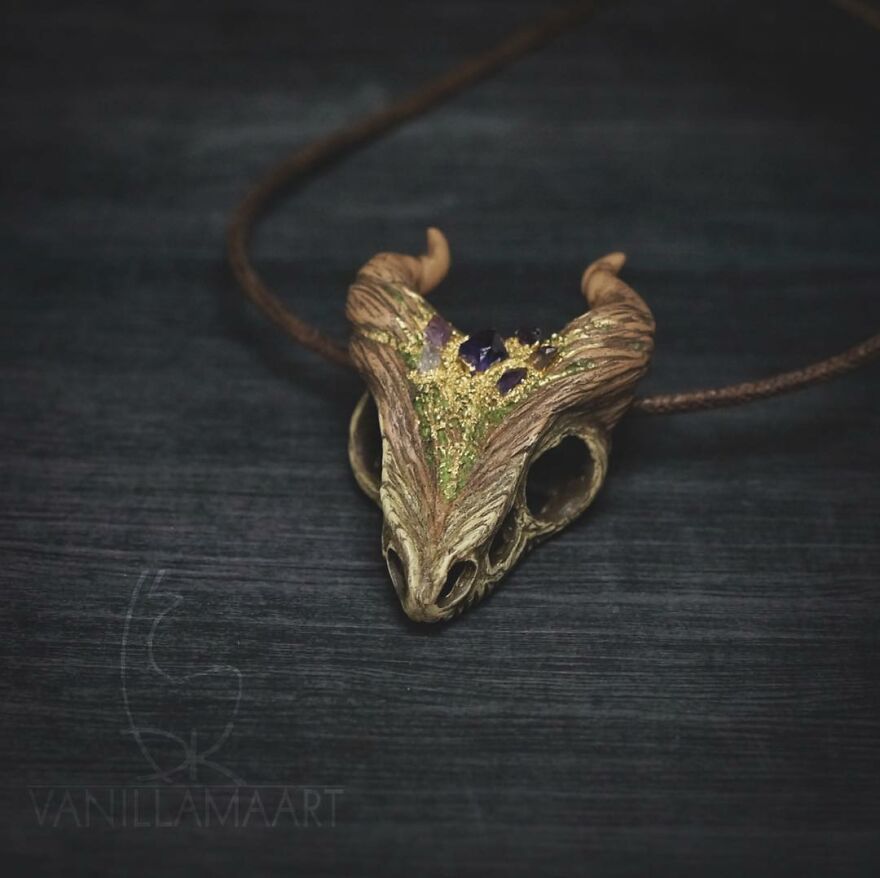 Forest Dragon Skull With Raw Amethyst Crystals