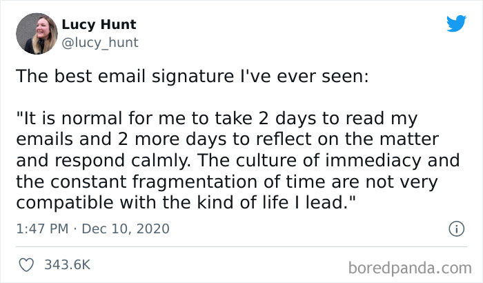 Tweet showing a humorous work-related meme about delaying email responses to reflect calmly on work culture.