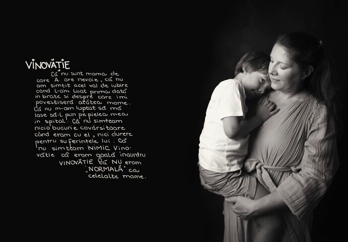 Mother holding child close, captured in postpartum photography project revealing the emotional challenges of becoming a mother.