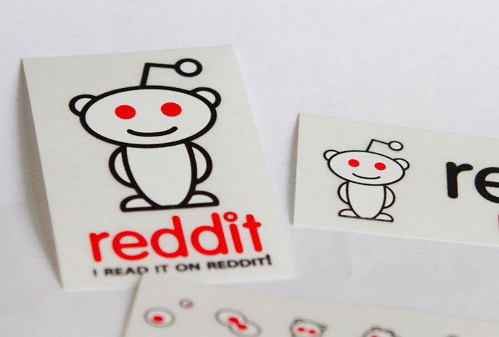 Reddit logo stickers with the mascot and brand name, illustrating sarcastically honest slogans about famous brands.