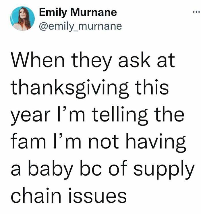 Funny meme joking about Thanksgiving family questions and supply chain issues.