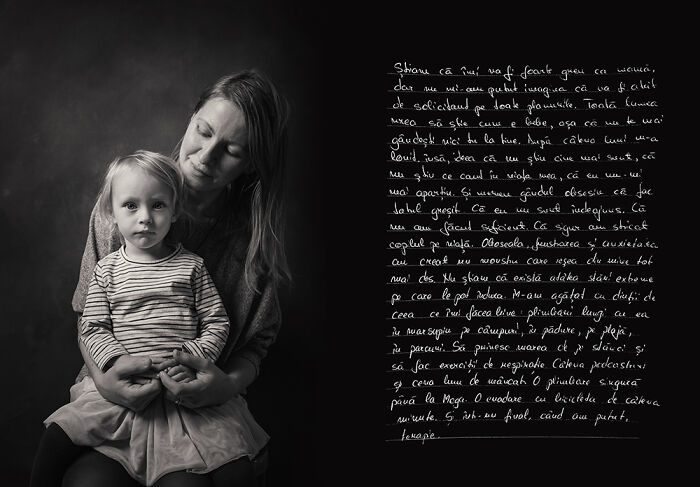 Black and white photo of a mother holding her child, illustrating the dark side of postpartum in a photography project.