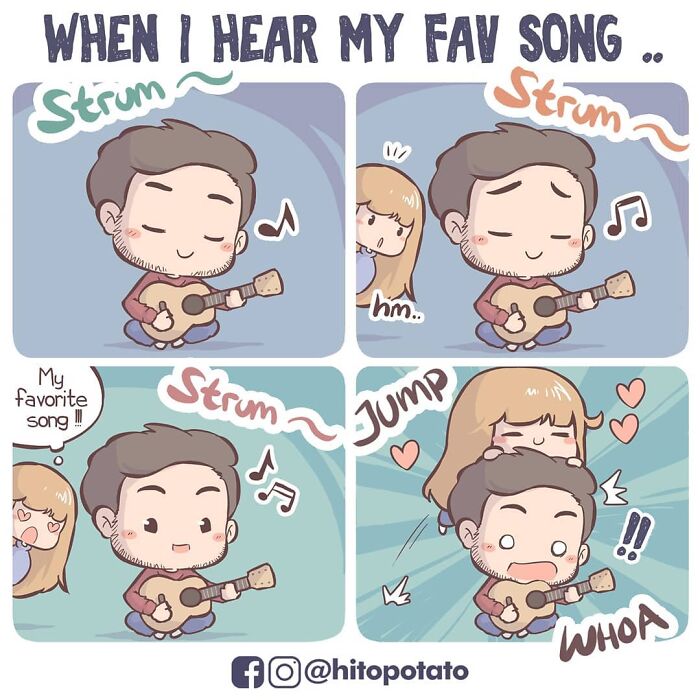 Cute comic illustrating relationship and everyday life with a couple enjoying music and playful moments together.