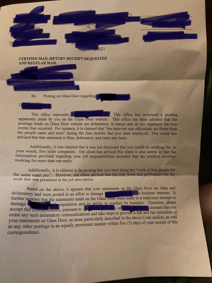 Quit My Horrible Job And Posted A Glass Door Review A Month Ago. Received A Cease And Desist Letter For Defamation. Edited And Re-Posted An Even More Scathing But Legally Passable Version. F**k Our Capitalist Overlords And Their Intimidation Strategies