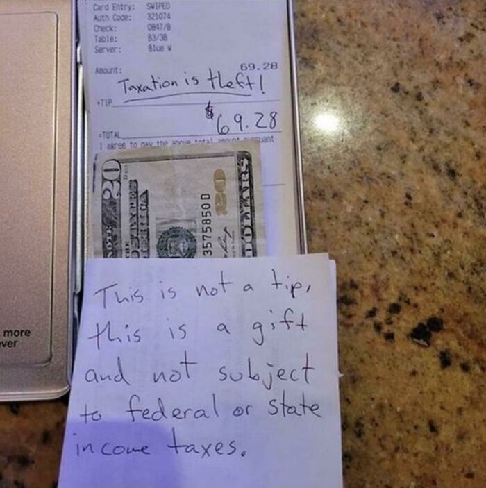 Receipt showing a chaotic good action with a note stating a cash tip is a gift not subject to income taxes.
